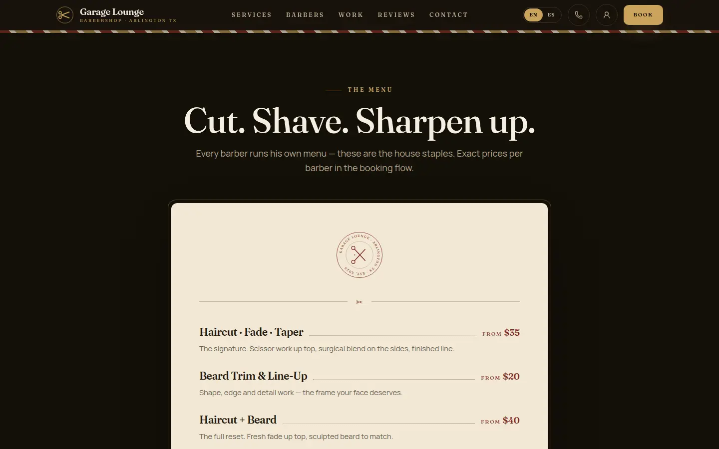 Garage Lounge Barbershop — website screenshot